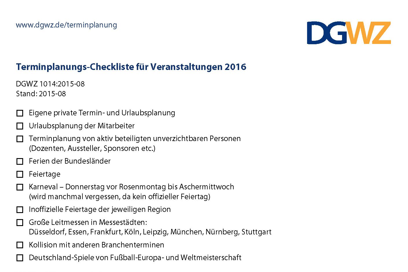 Terminplanungs-Checkliste für Veranstaltungen 2016 (DGWZ 1014)