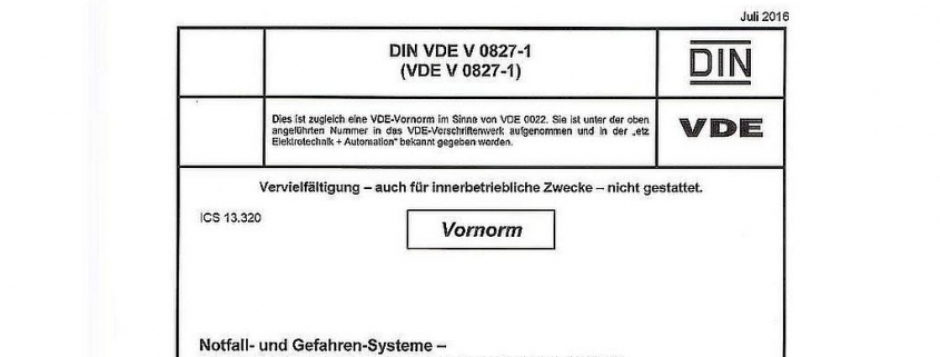 Titelblatt Vornorm: DIN VDE V 0827-1:2016-07 Notfall- und Gefahren-Systeme (NGRS) - Teil 1: Notfall- und Gefahren-Reaktions-Systeme (NGRS) - Grundlegende Anforderungen, Aufgaben, Verantwortlichkeiten und Aktvitäten